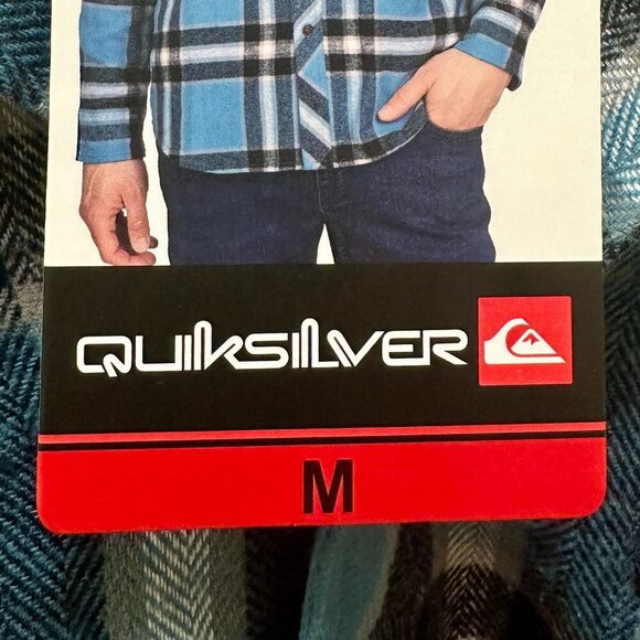 Quiksilver Men's Hooded Buttoned Flannel Shirt Size M Blue Plaid Y2K Grunge NEW - Picture 9 of 13